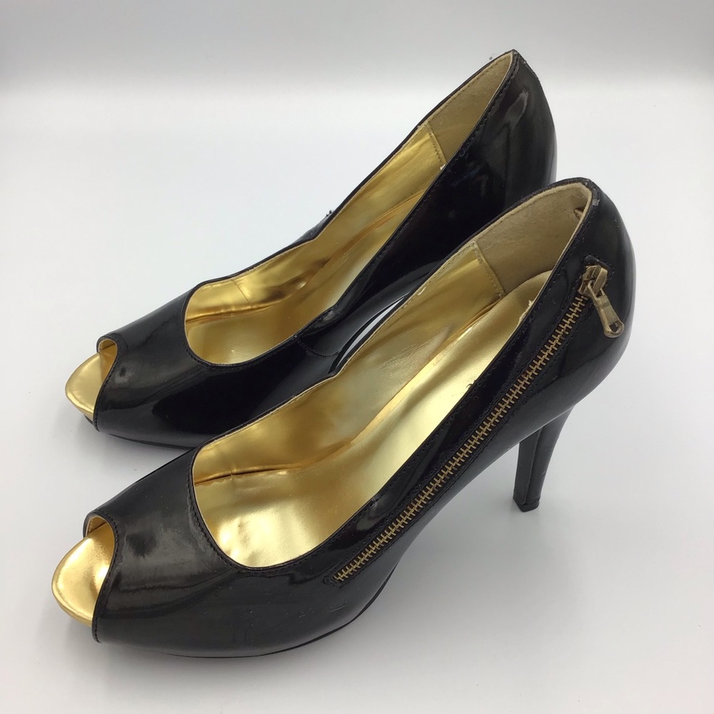 Styluxe Black Heels with Gold Zippers. Sleek and Elegant. Size 8